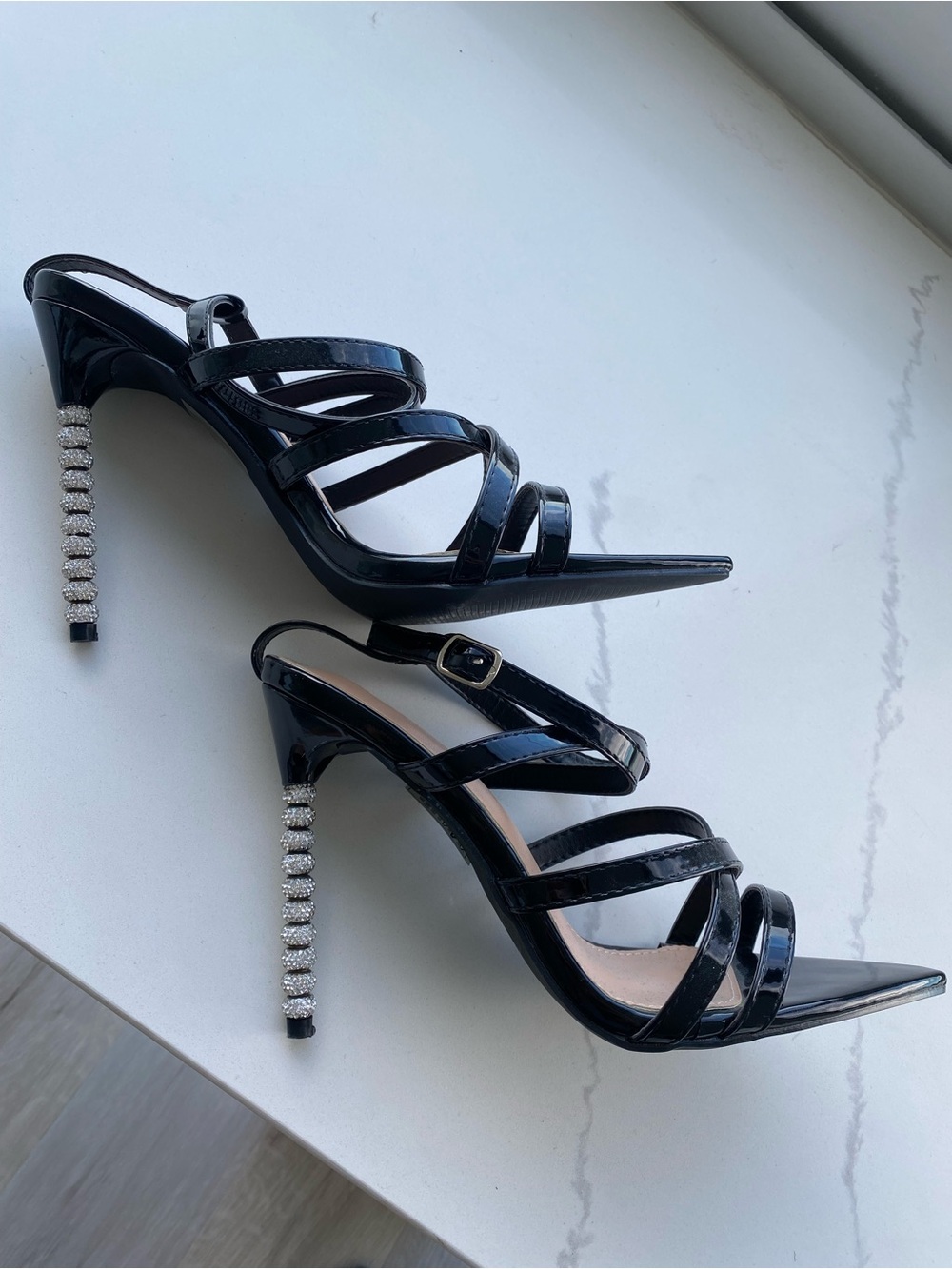 Black Patent Heels with crystal heels. BRAND NEW.